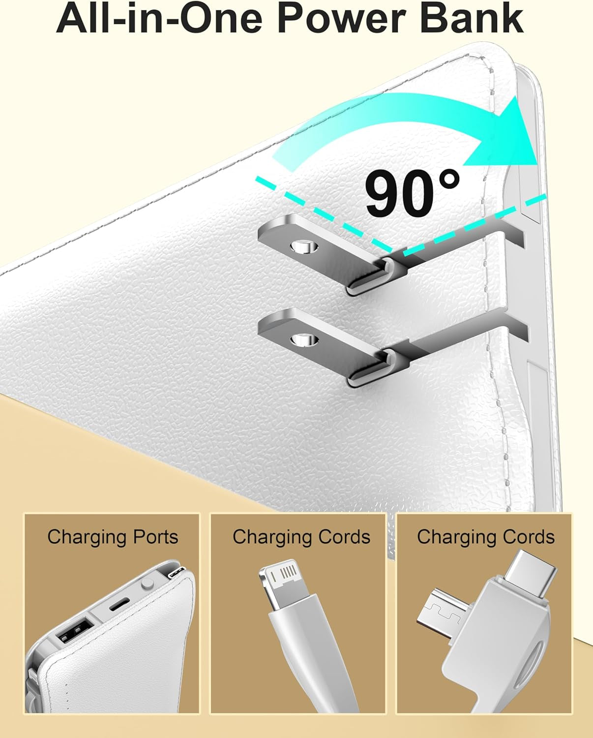 Portable Charger Power Bank with Built In AC Wall Plug and Cables10000Mah