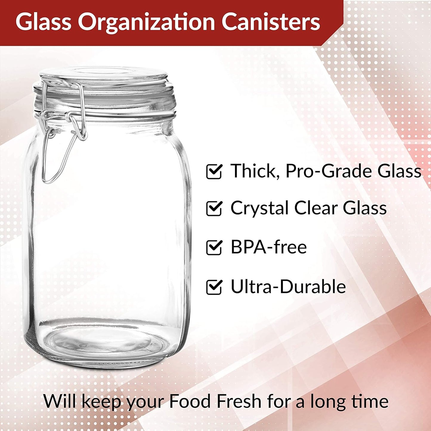 Set of 3 Glass Mason Jar with Lid1 Liter Airtight Glass Storage Container for Food