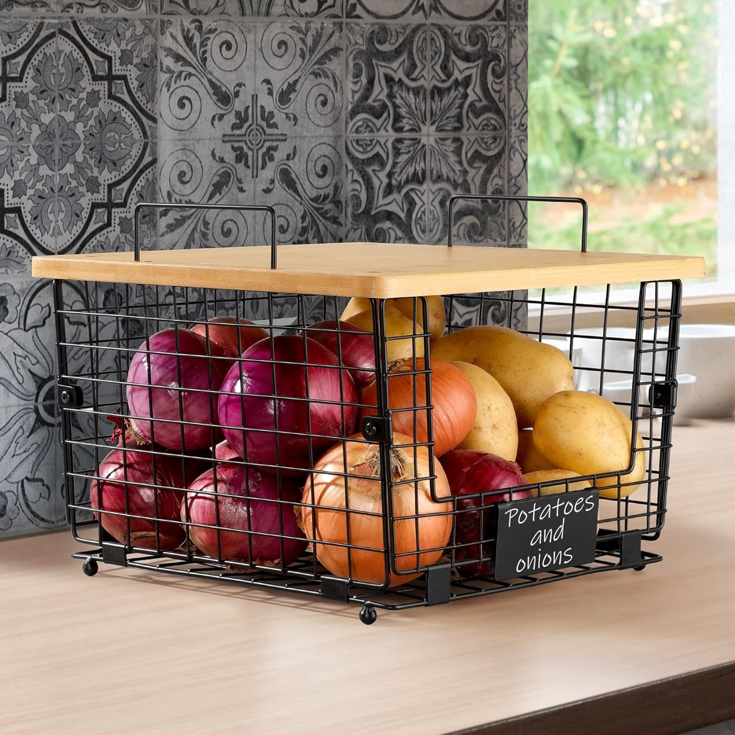 Wire Basket with Bamboo Top Kitchen Counte