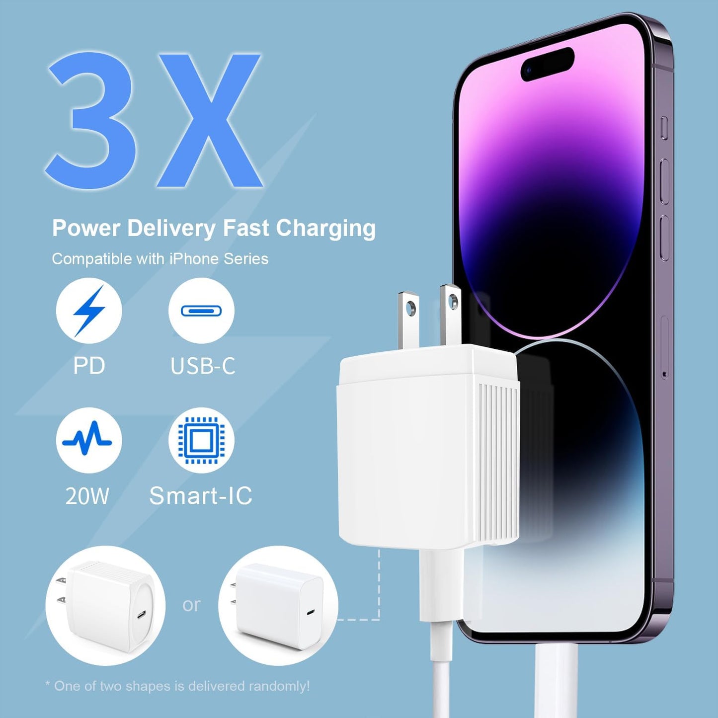 20W USB C Fast Charger 10 FT Compatible with 2 Pack PD Wall Charger Block