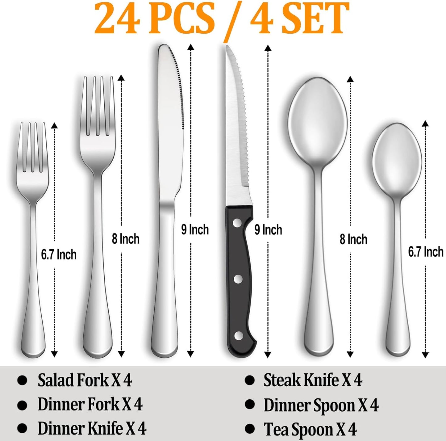 24Pcs Silverware Set with Steak Knives Service for 4Stainless Steel Flatware Set