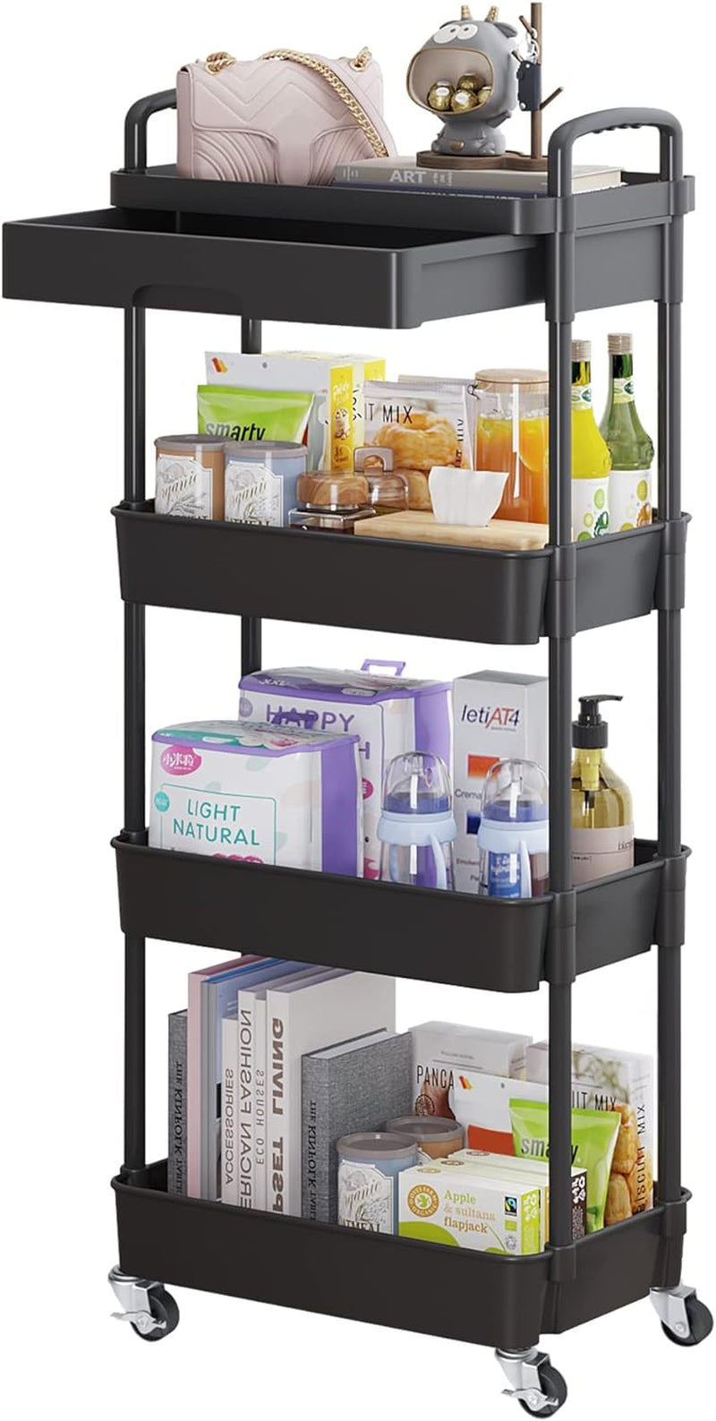 4 Tier Rolling Utility Cart with Drawer Multifunctional Storage Organizer with Plastic Shelf