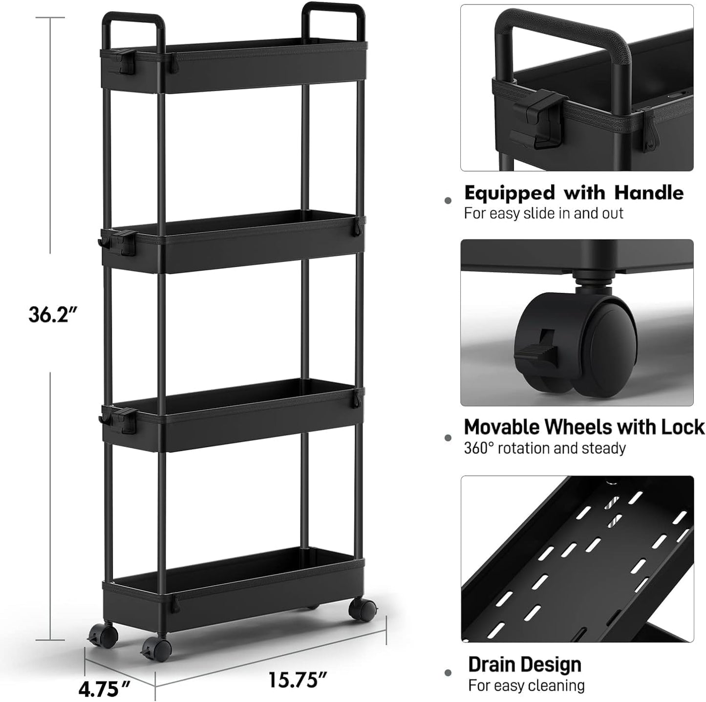 Slim Storage Cart 4 Tier Bathroom Organizer Mobile Shelving UnitRolling Utility Cart Slide