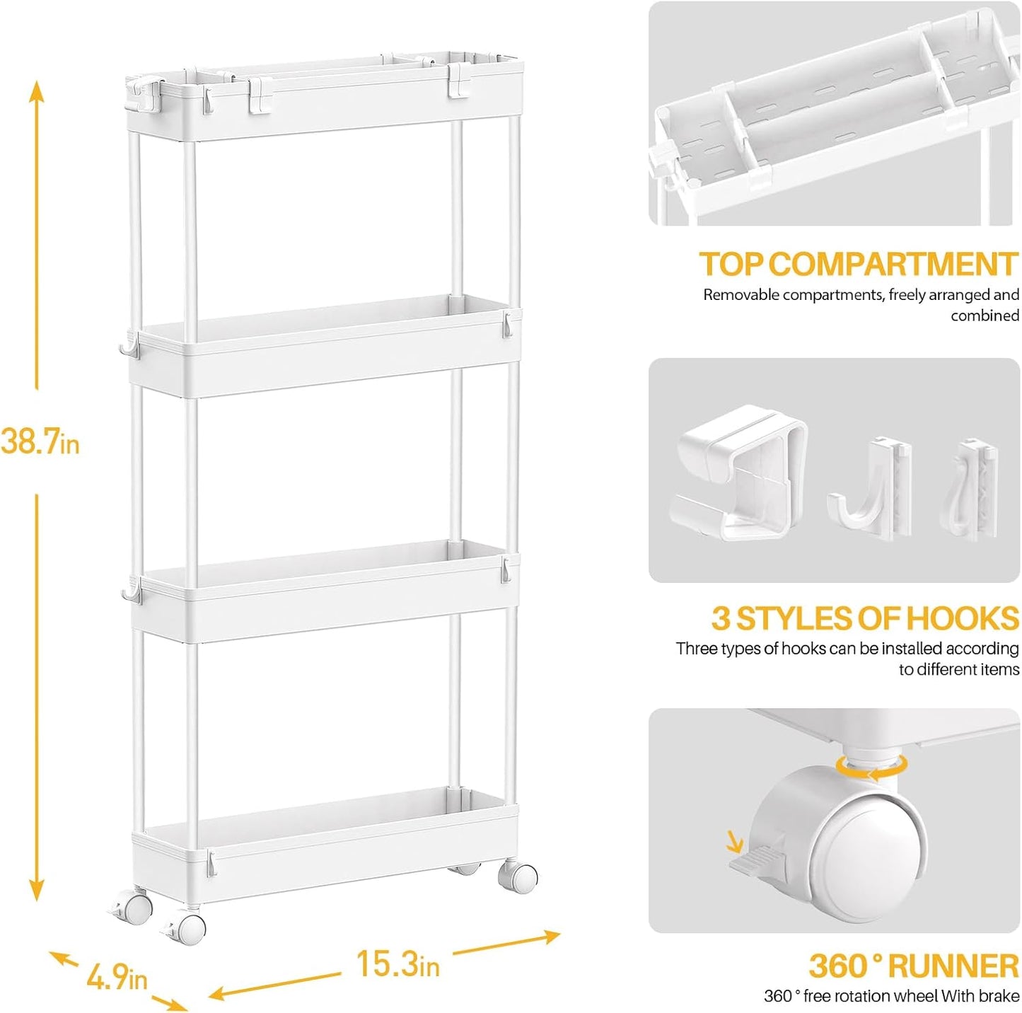 Slim Storage Cart 4 Tier Bathroom Storage Organizer Rolling Utility Cart