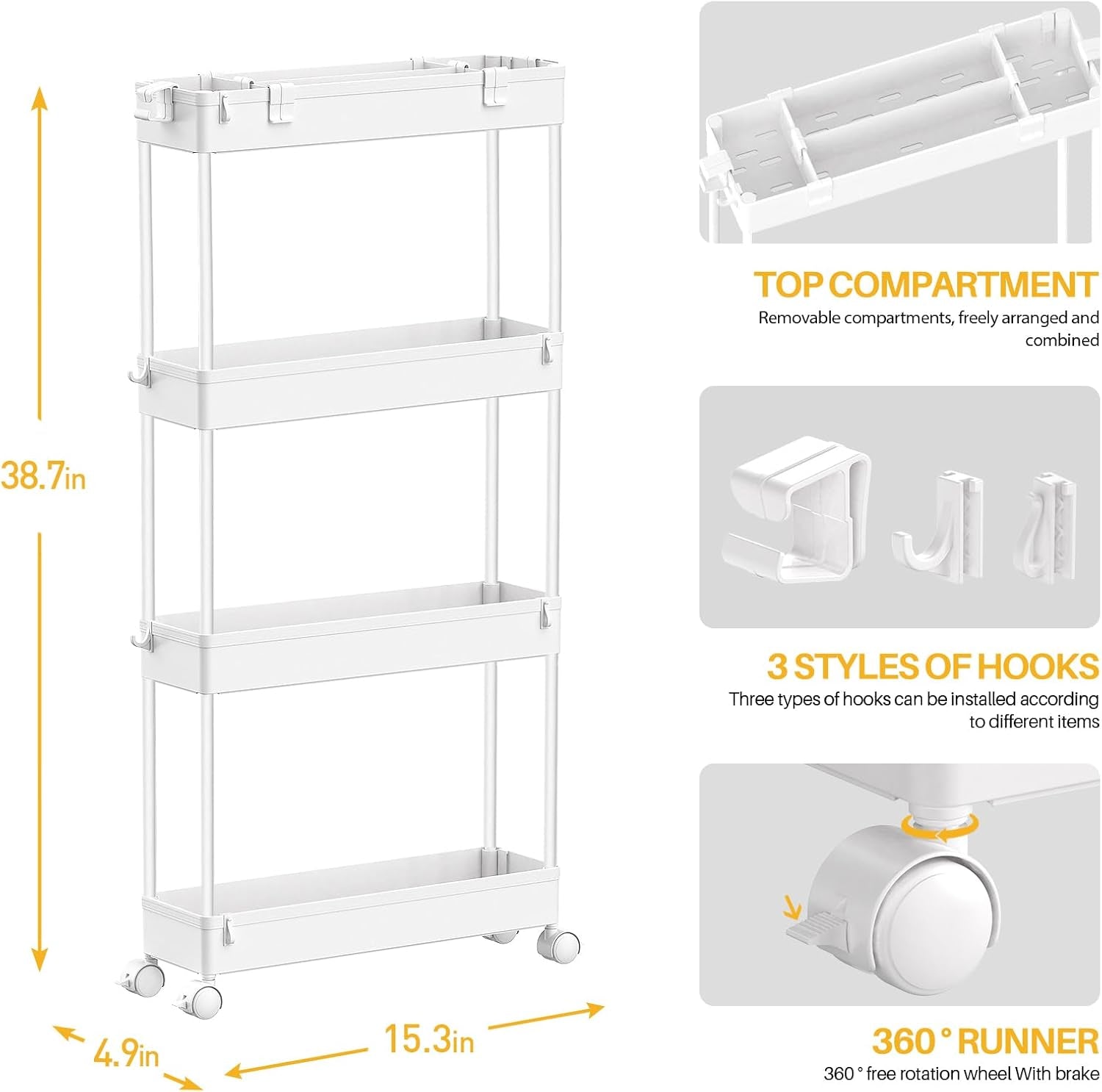 Slim Storage Cart 4 Tier Bathroom Storage Organizer Rolling Utility Cart