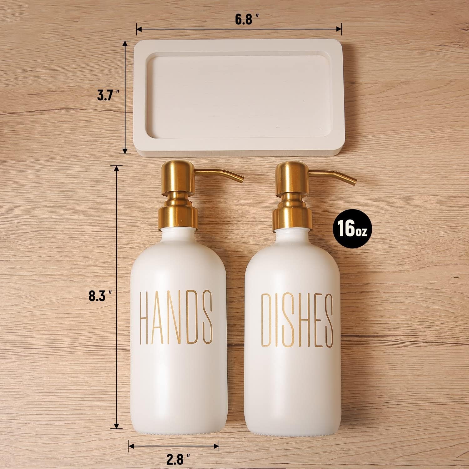 Glass and Stainless Steel Soap Dispenser Set for Kitchen Counters White