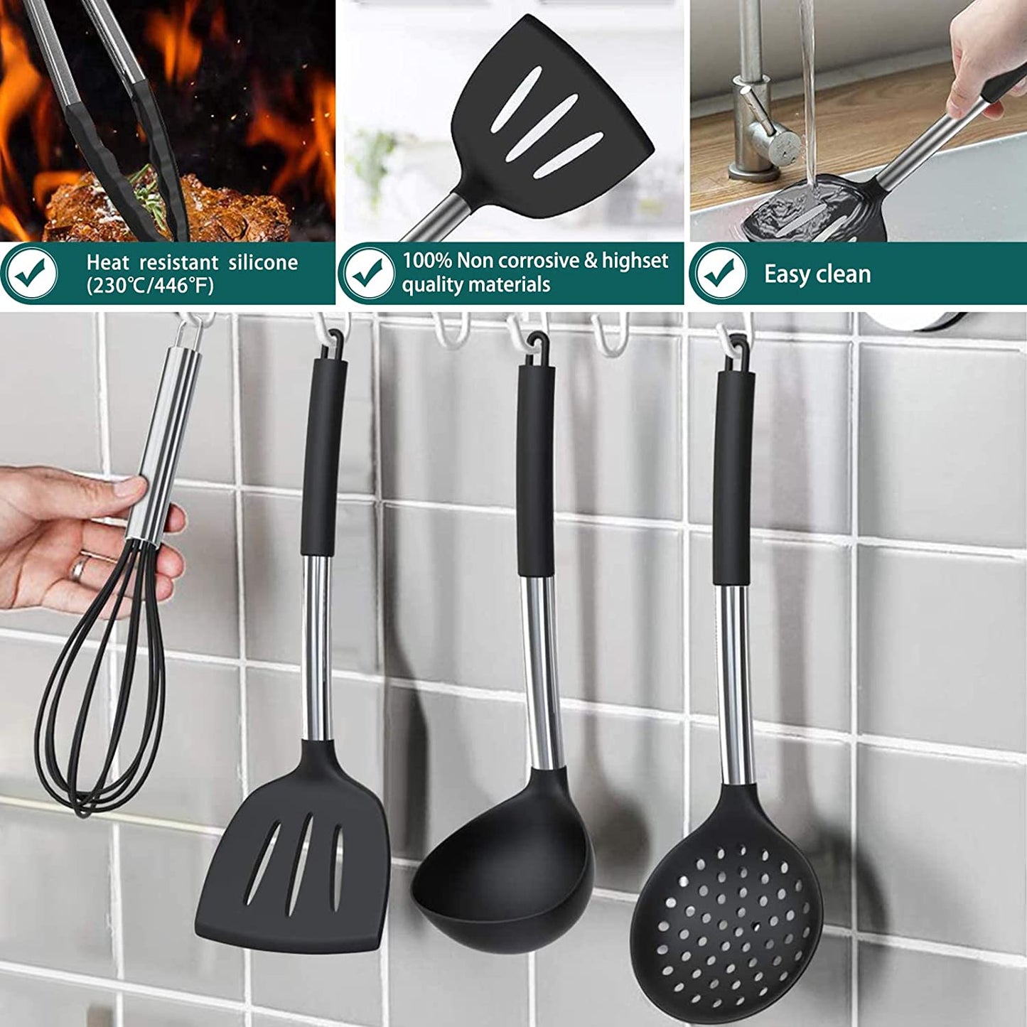 Silicone Cooking Utensil Set Kitchen Utensils 15Pcs Set Non-Stick Heat Resistan