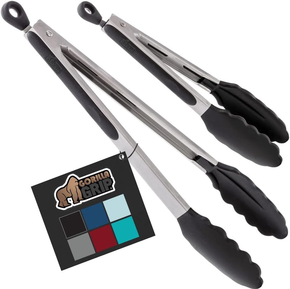 Stainless Steel Heat Resistant BBQ Kitchen Tongs Set of 2 Non Scratch Silicone Tip