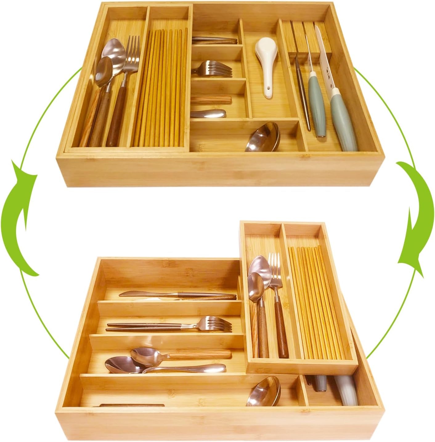 Double Layer Bamboo Kitchen Drawer Organizer Utensil Silverware Organizer