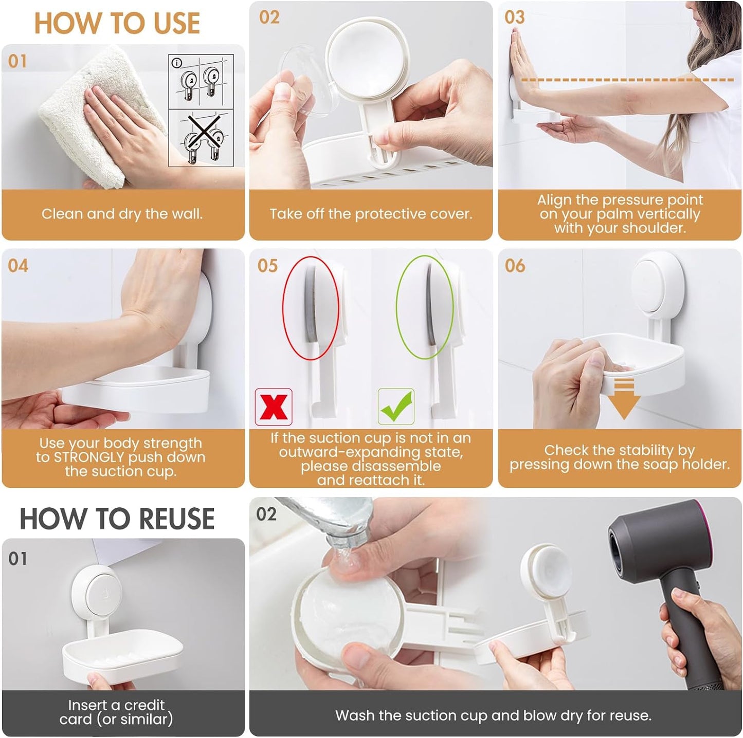 Soap Dish Holder for Shower Suction Cup Wall Mounted Self Draining No-Drilling 