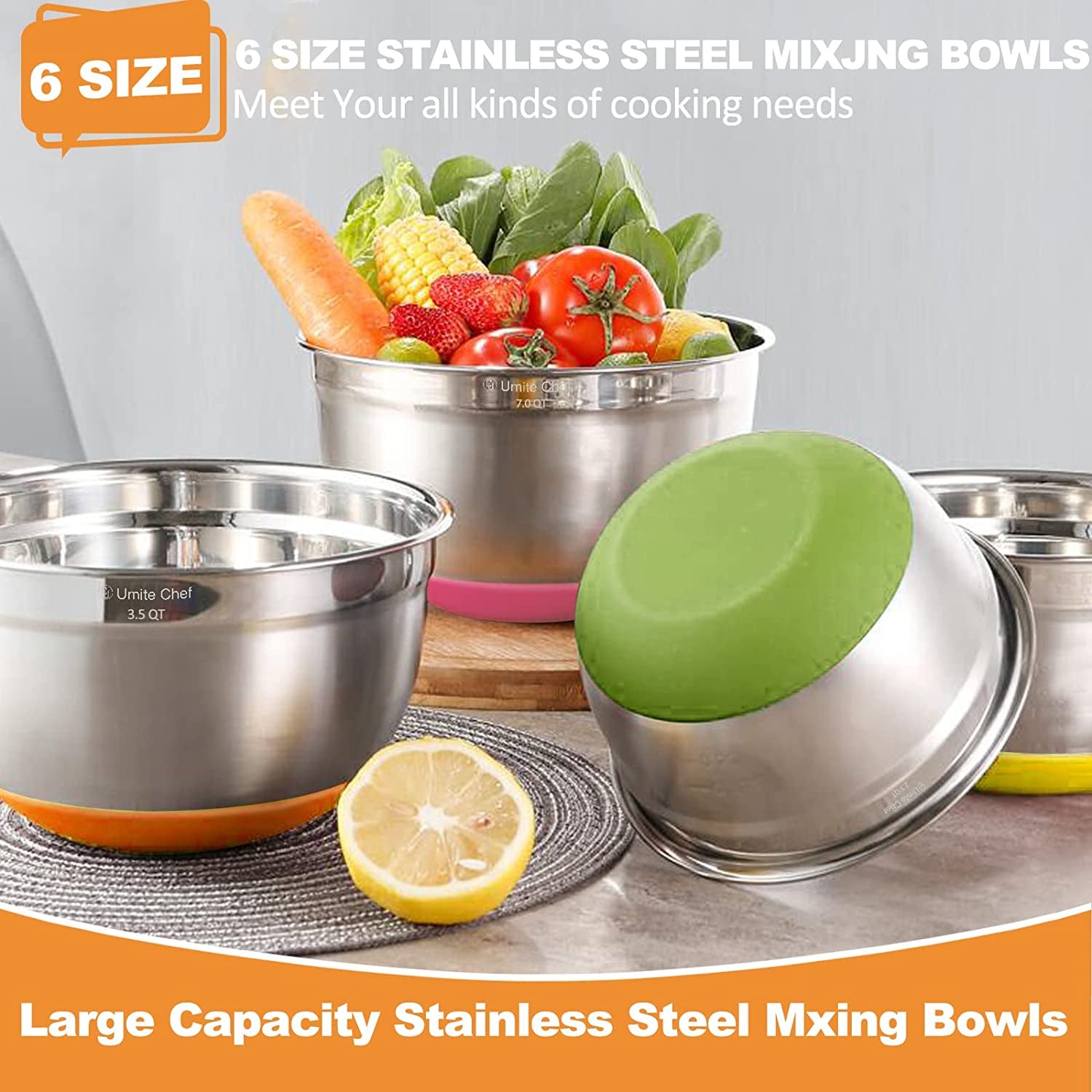 Mixing Bowls with Airtight Lids 6 Piece Stainless Steel Metal Bowls Measurement Marks