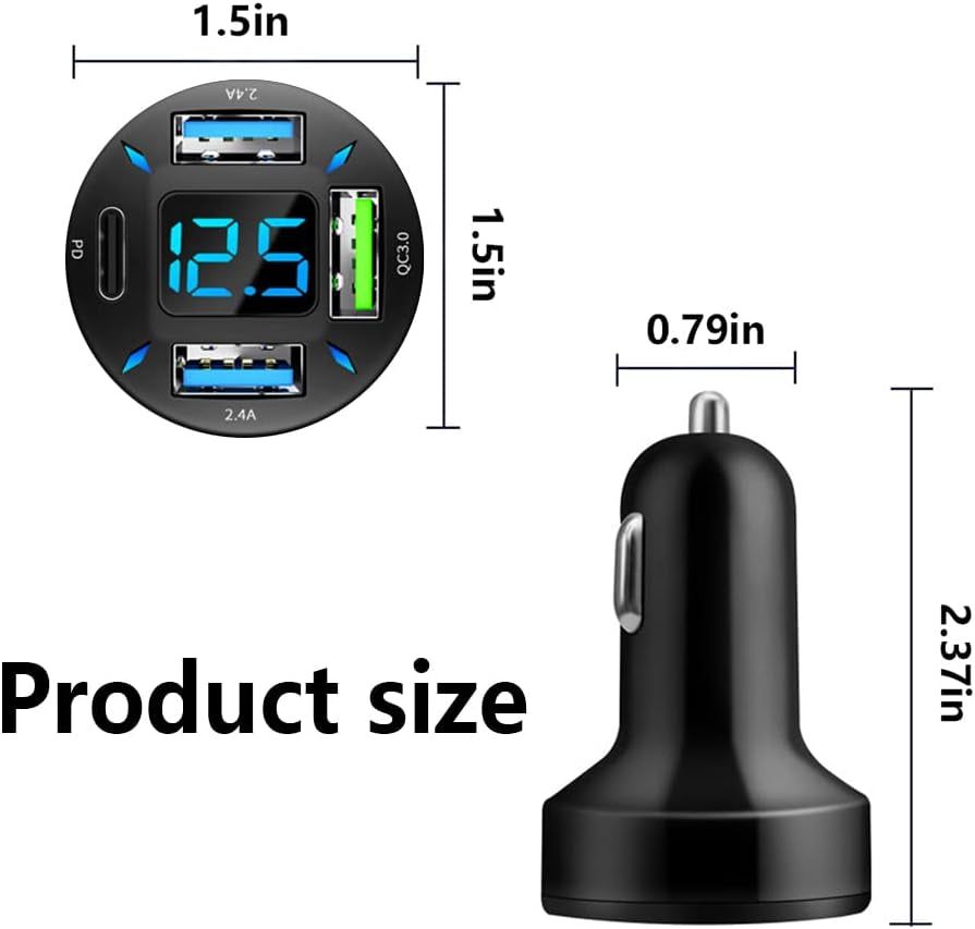 Car Charger 66W Super Fast Charging with USB PD&QC 3.0Voltmeter&Led Lights