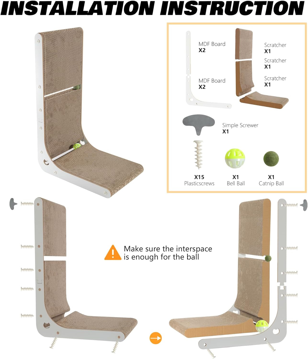 Cardboard Cat Scratcher, Vertical Cat Scratching Board, 23.6 Inch L-Shape Cat Scratch Pads with Built-In Catnip Toy Balls, Wall-Mount Cat Scratchers for Indoor Cats