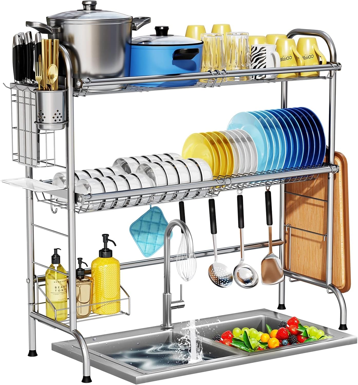 Stainless Steel 2 Tier over the Sink Dish Drying Rack with Utensil Holder Large