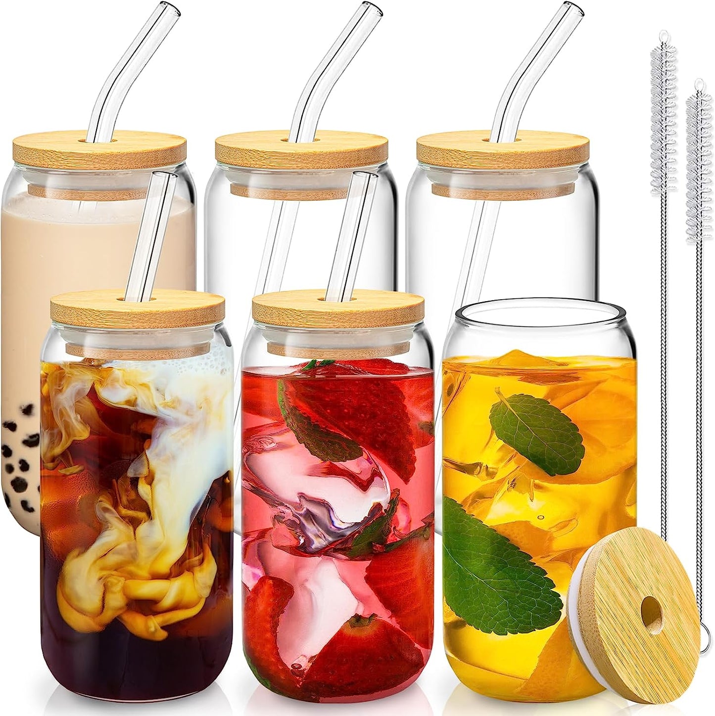 6 Pcs Drinking Glasses with Bamboo Lids and Glass Straw 16 Oz Can Shaped Glass Cups 