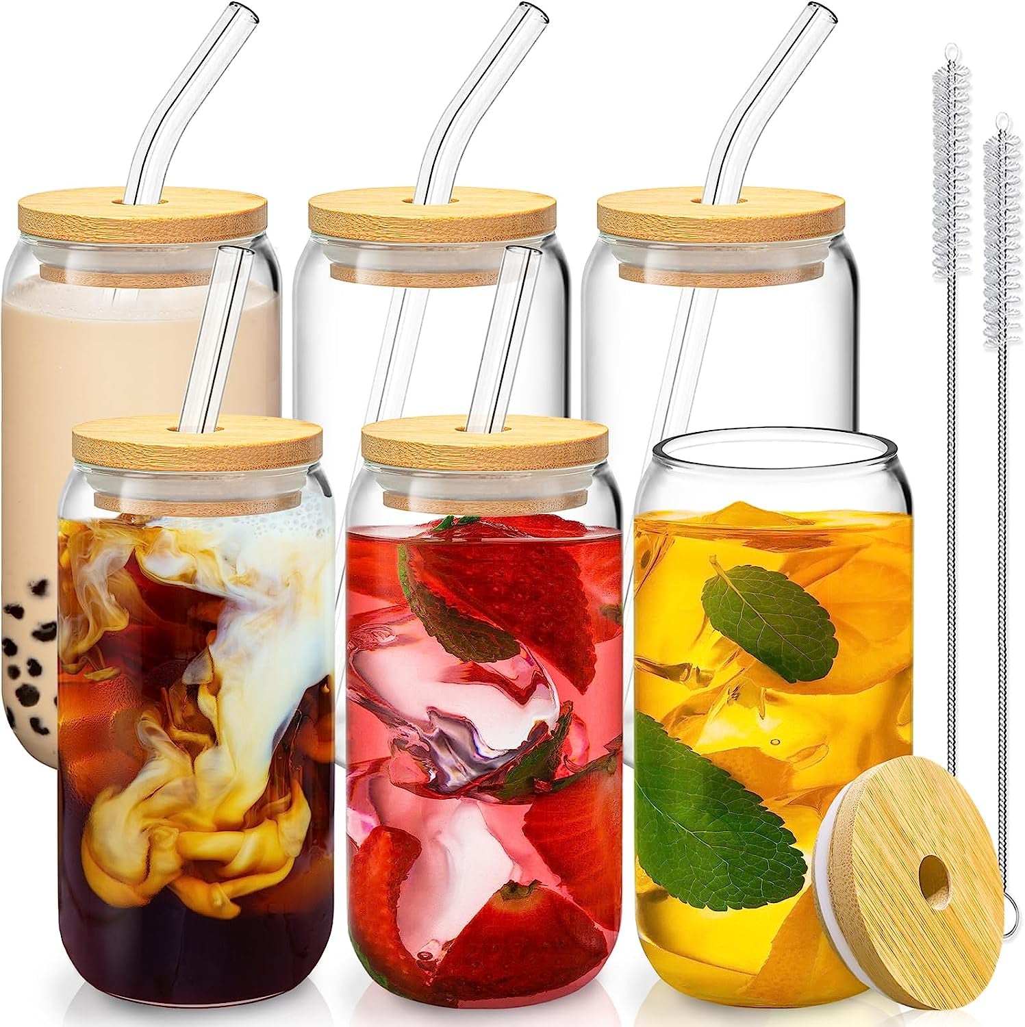 6 Pcs Drinking Glasses with Bamboo Lids and Glass Straw 16 Oz Can Shaped Glass Cups 