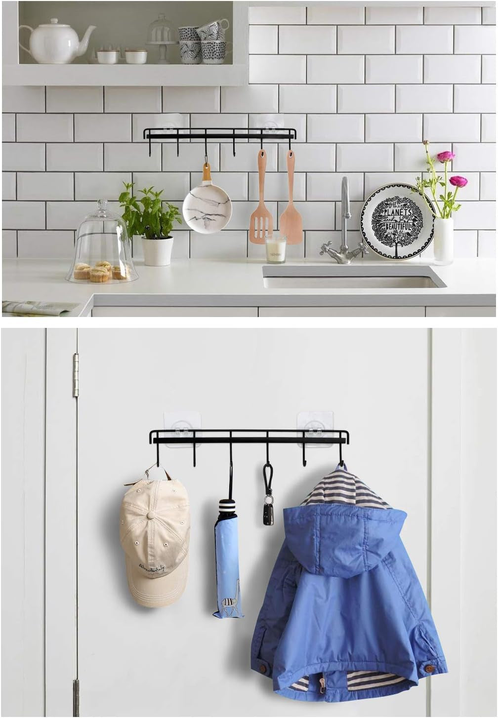 Adhesive Wall Hooks Rack Kitchen Rail Space Saving Utensil Holder No Drilling