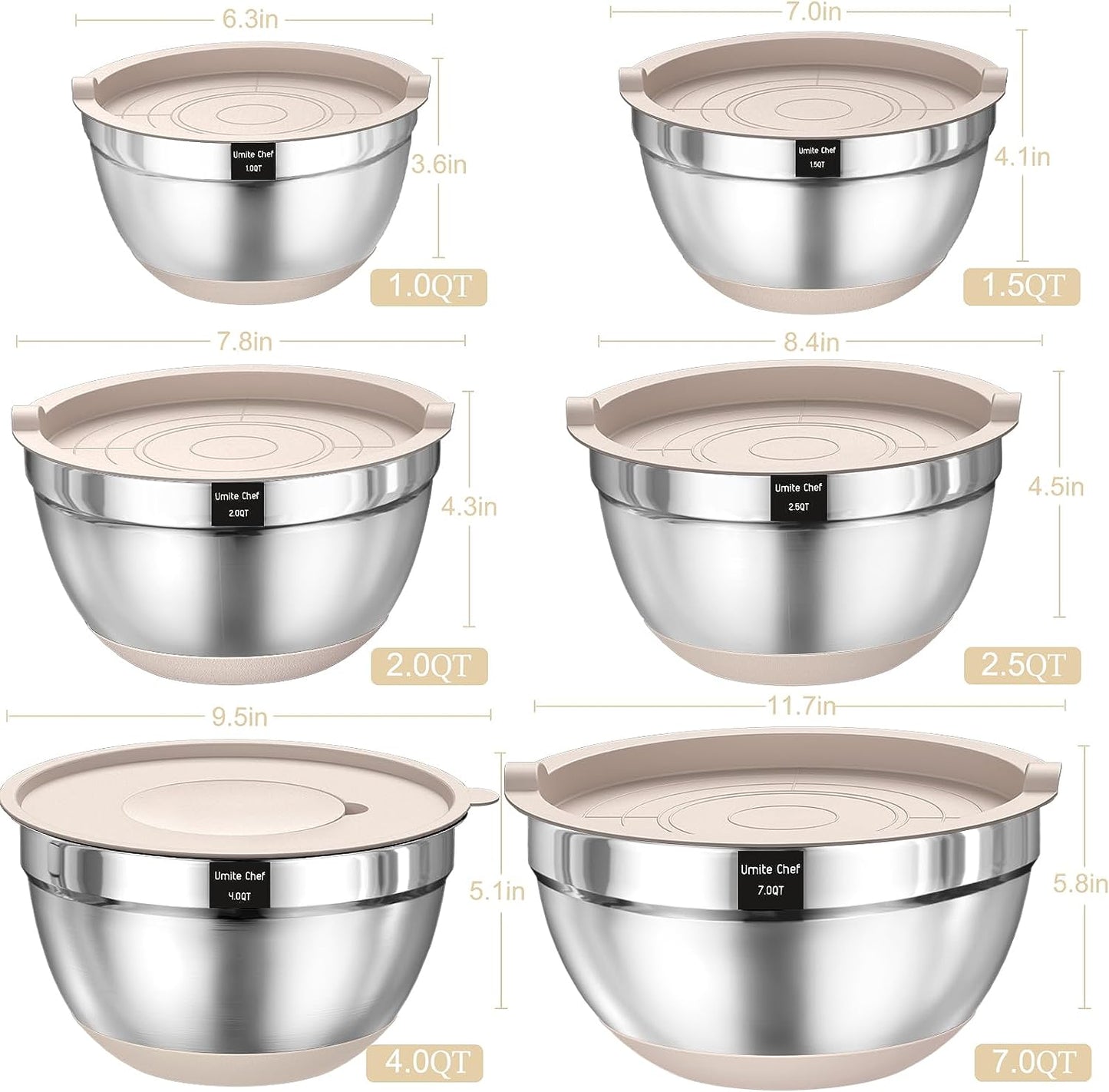 Mixing Bowls with Airtight Lids Se 26PCS Stainless Steel Khaki 