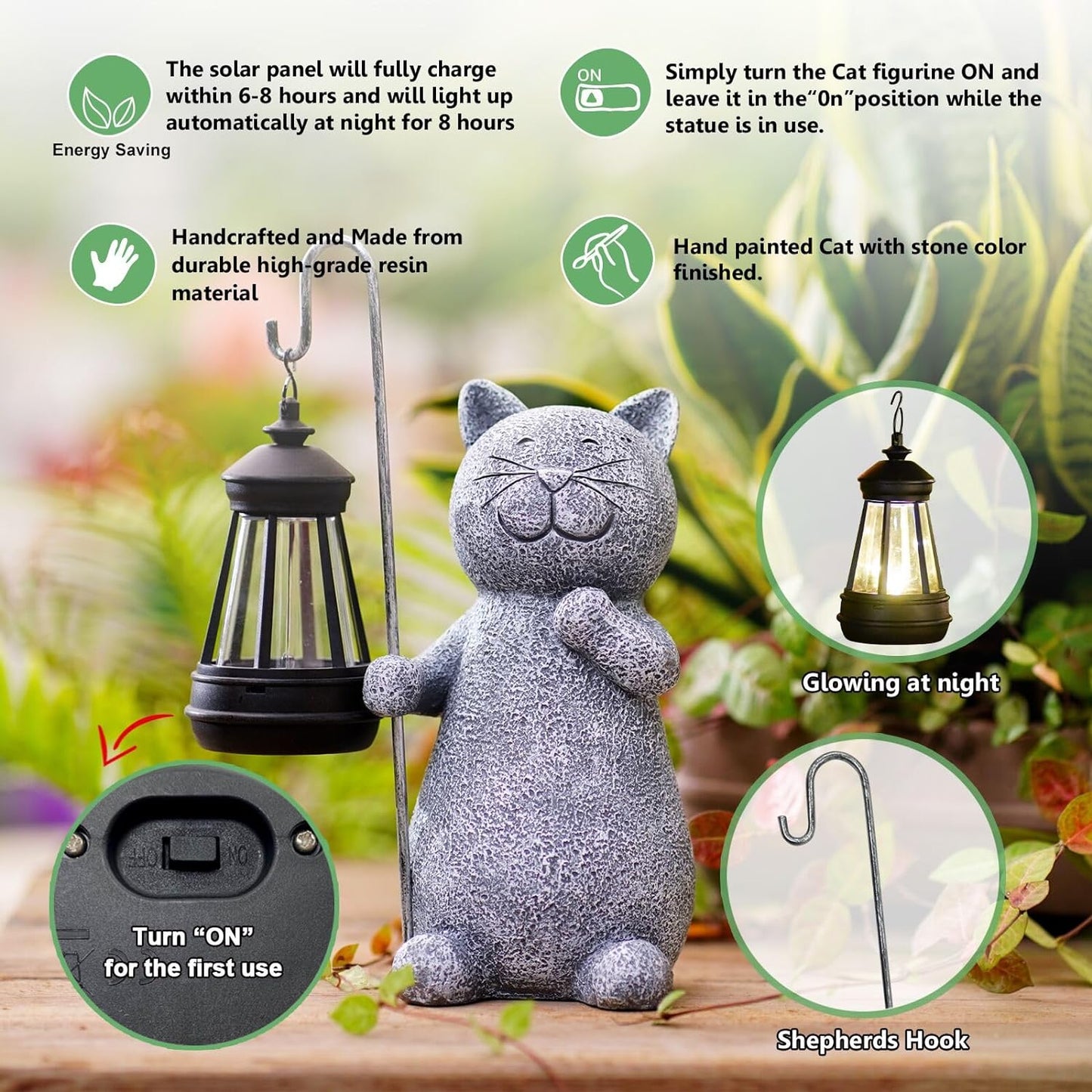 Solar Garden Statue Cat Figurine Garden Art with Solar Lantern