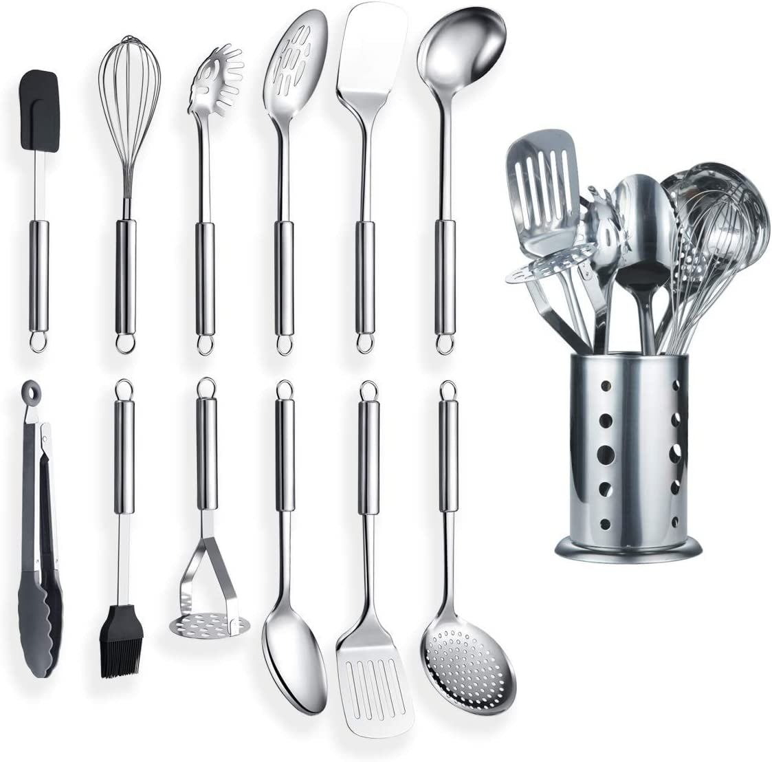 Cooking Utensil Set 13 Piece Stainless Steel Kitchen Tool Set with Holder