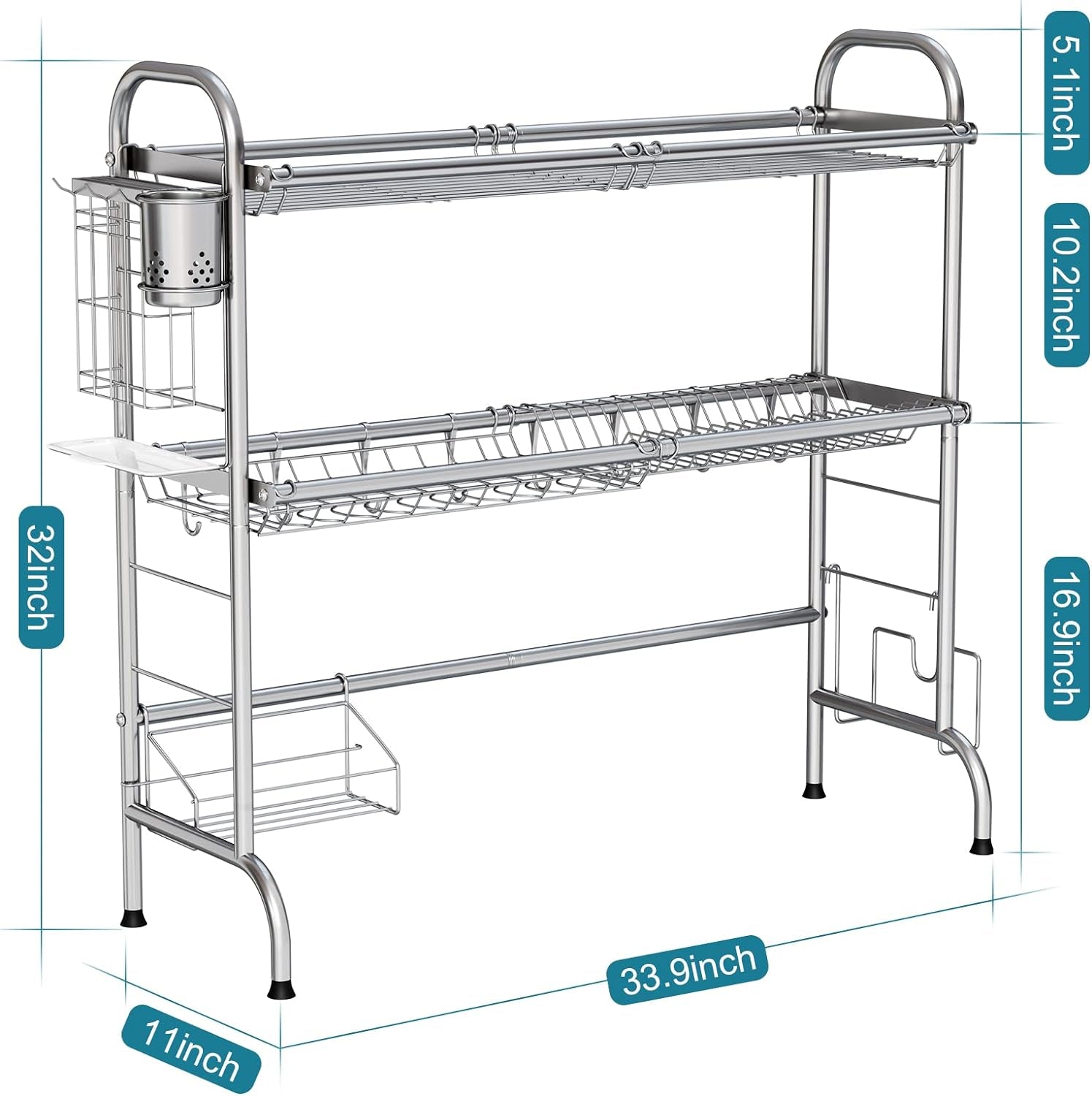 Stainless Steel 2 Tier over the Sink Dish Drying Rack with Utensil Holder Large