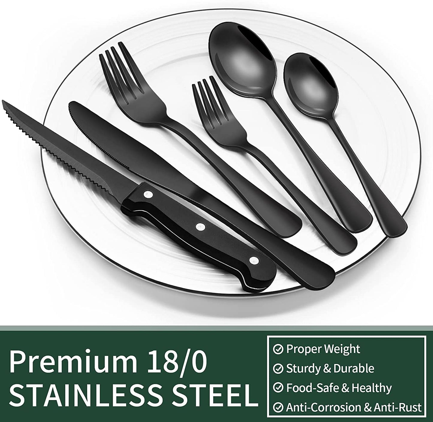  Piece Black Silverware Set with Steak Knives Black Flatware