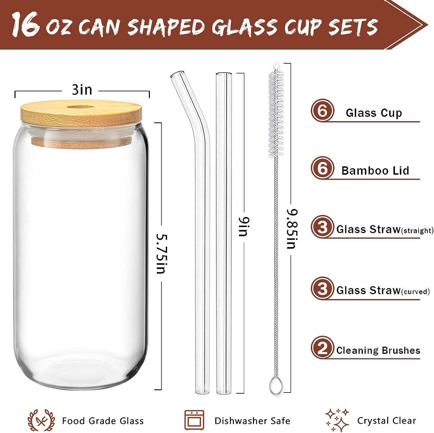 6 Pcs Drinking Glasses with Bamboo Lids and Glass Straw 16 Oz Can Shaped Glass Cups 