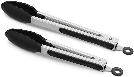 2 Pack Black Kitchen Tongs Premium Silicone BPA Free Non Stick Stainless