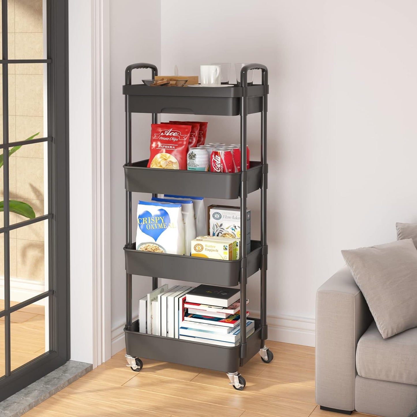 4 Tier Rolling Utility Cart with Drawer Multifunctional Storage Organizer with Plastic Shelf