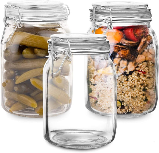 Set of 3 Glass Mason Jar with Lid1 Liter Airtight Glass Storage Container for Food