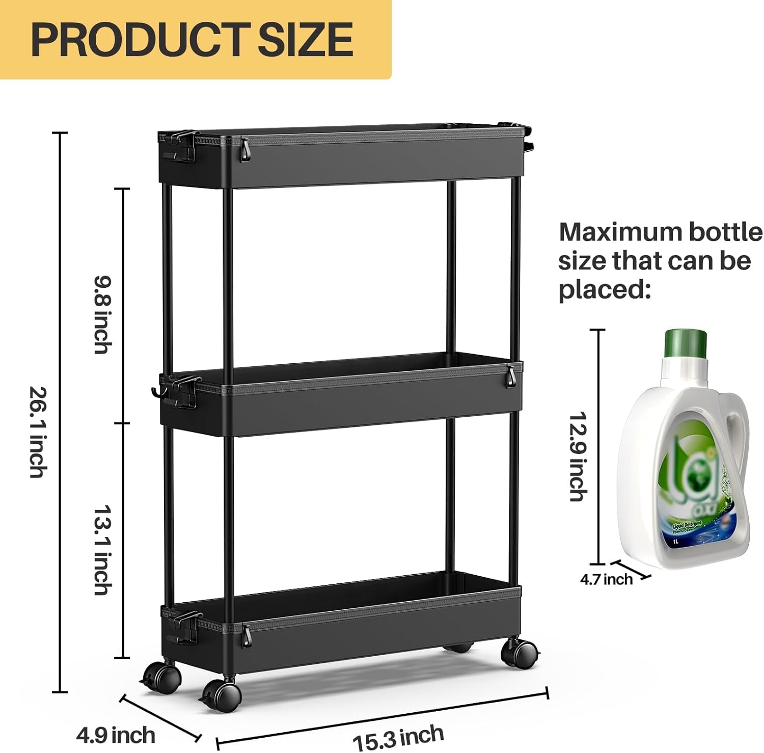 Slim Rolling Storage Cart 3 Tier Bathroom Storage Organizer Laundry Room Utility