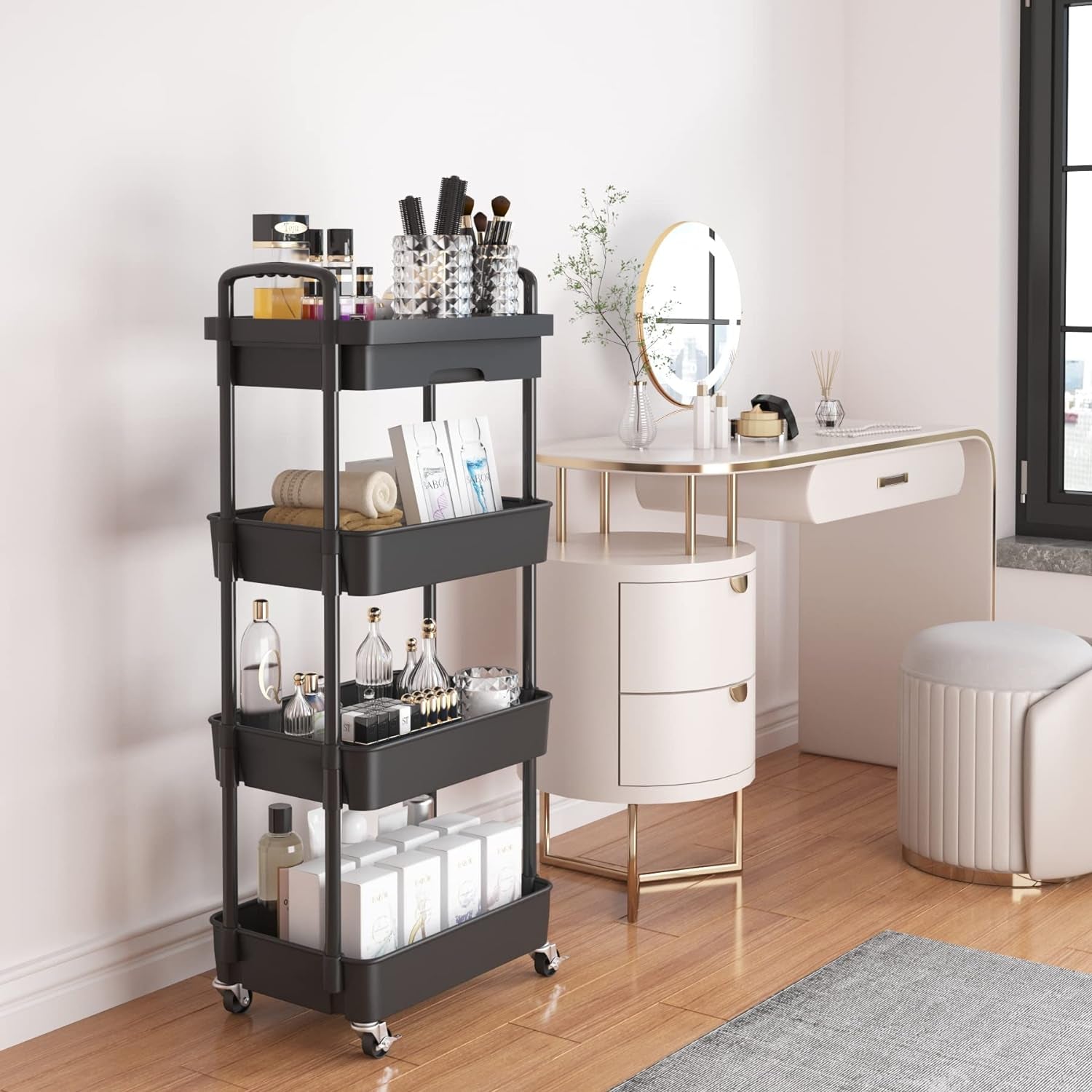 4 Tier Rolling Utility Cart with Drawer Multifunctional Storage Organizer with Plastic Shelf