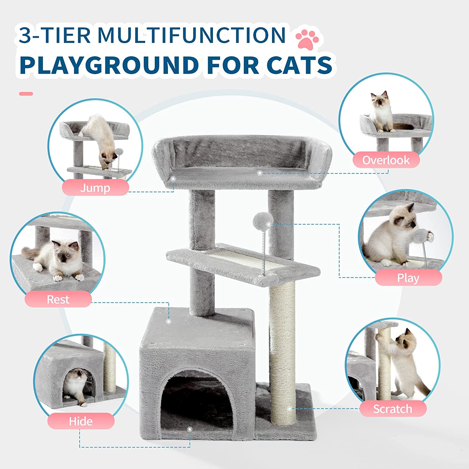  Carpet Cat Tower Grey for Indoors Cats Cute Wood Kitty 