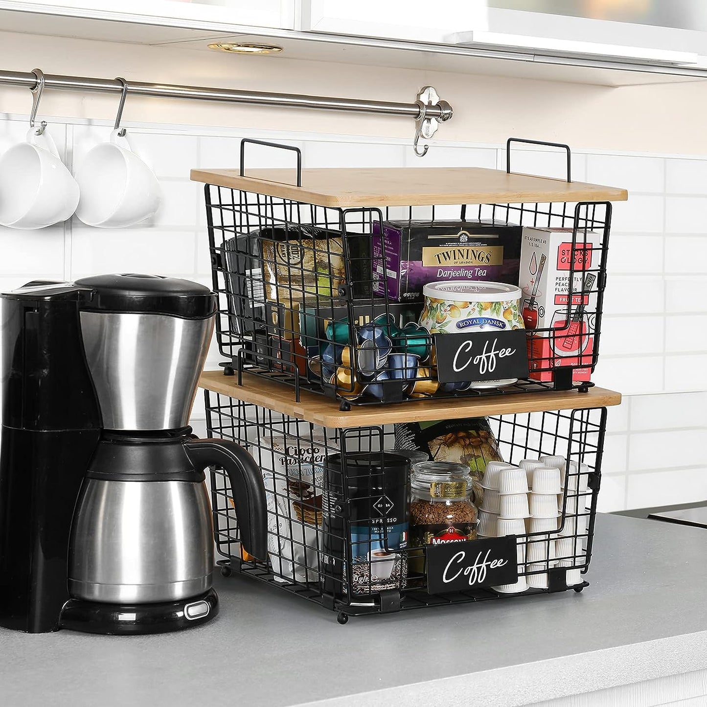 Wire Basket with Bamboo Top Kitchen Counte