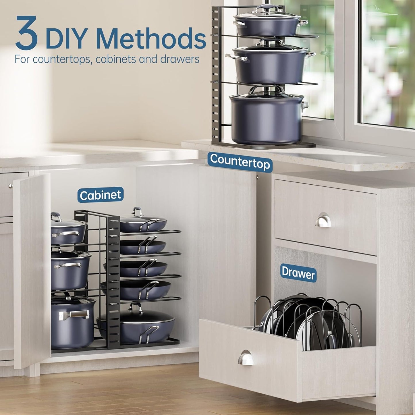 under Cabinet Adjustable 8 Tier Pot Organizers inside Cabinet