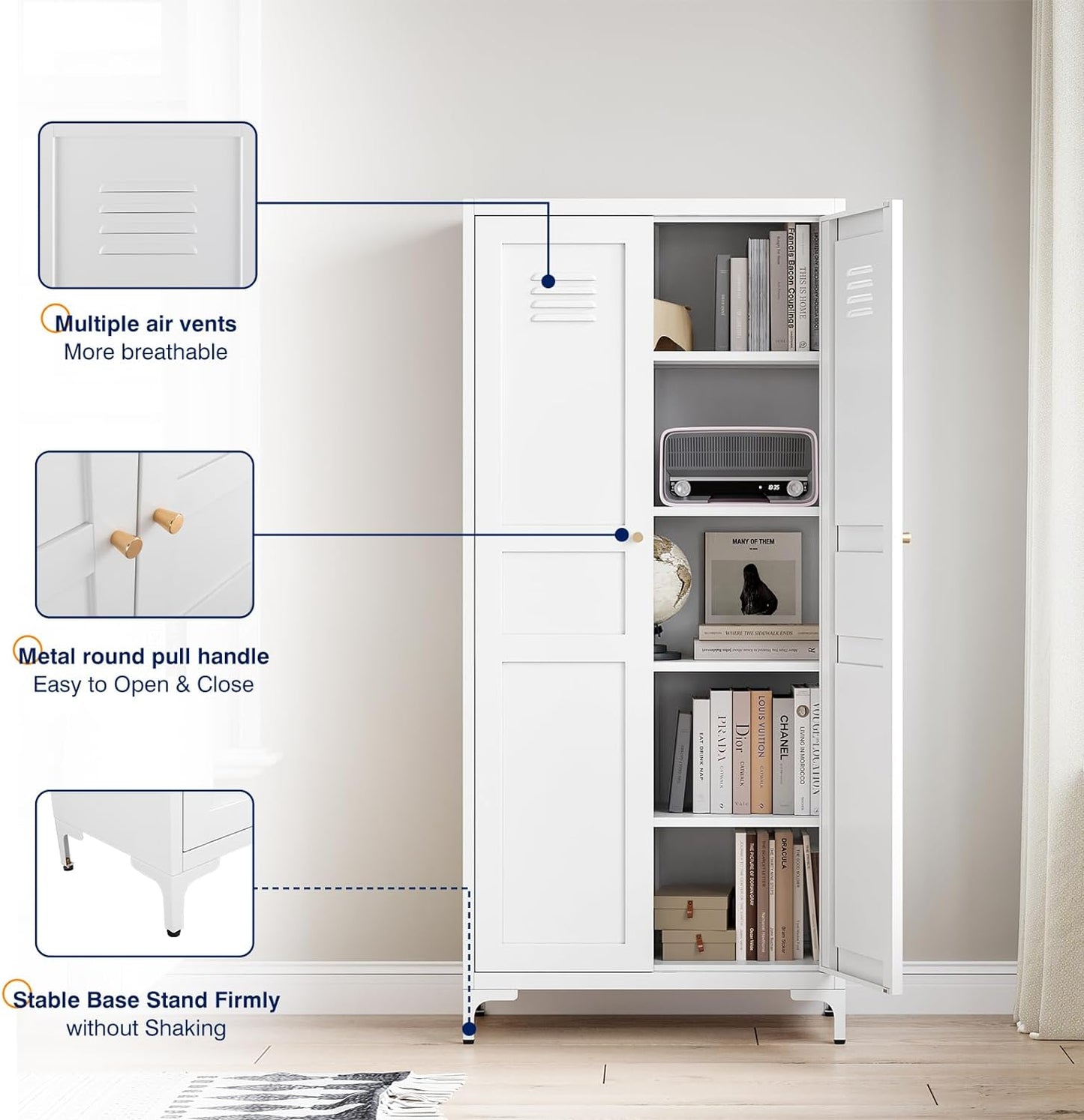 Metal Storage Cabinet with 2 Doors and 4 Adjustable Shelves 61" White Kitchen