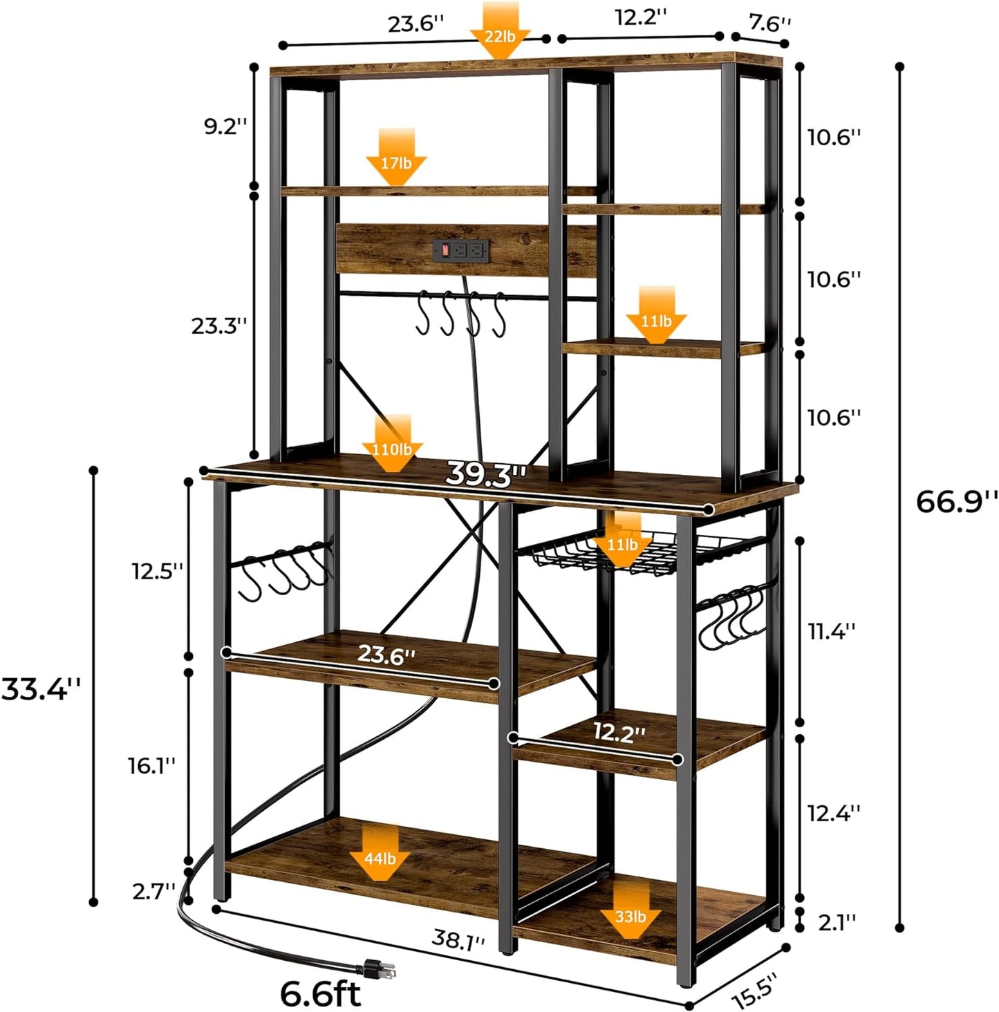 Large Bakers Rack with Power Outlets 6 Tier Microwave Stand Coffee Bar