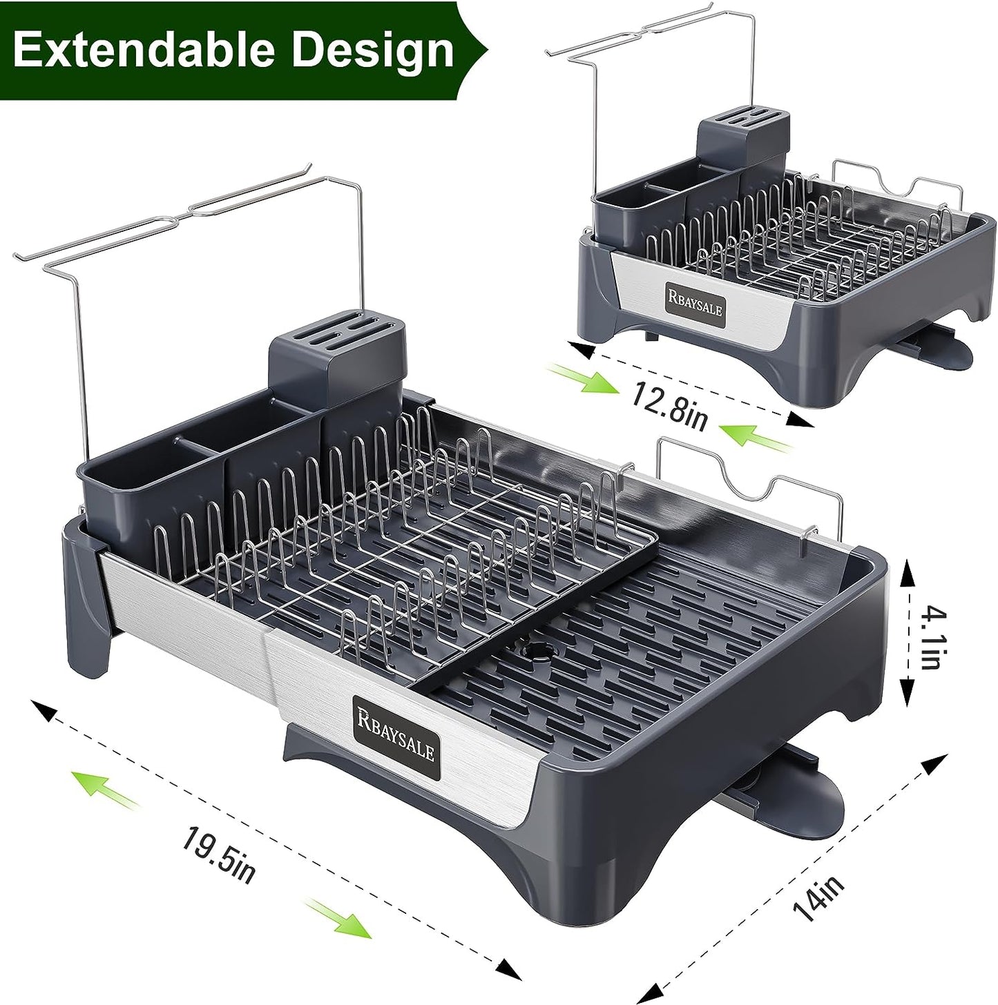 Large Expandable Stainless Steel Dish Rack with Aluminum Pull Plate