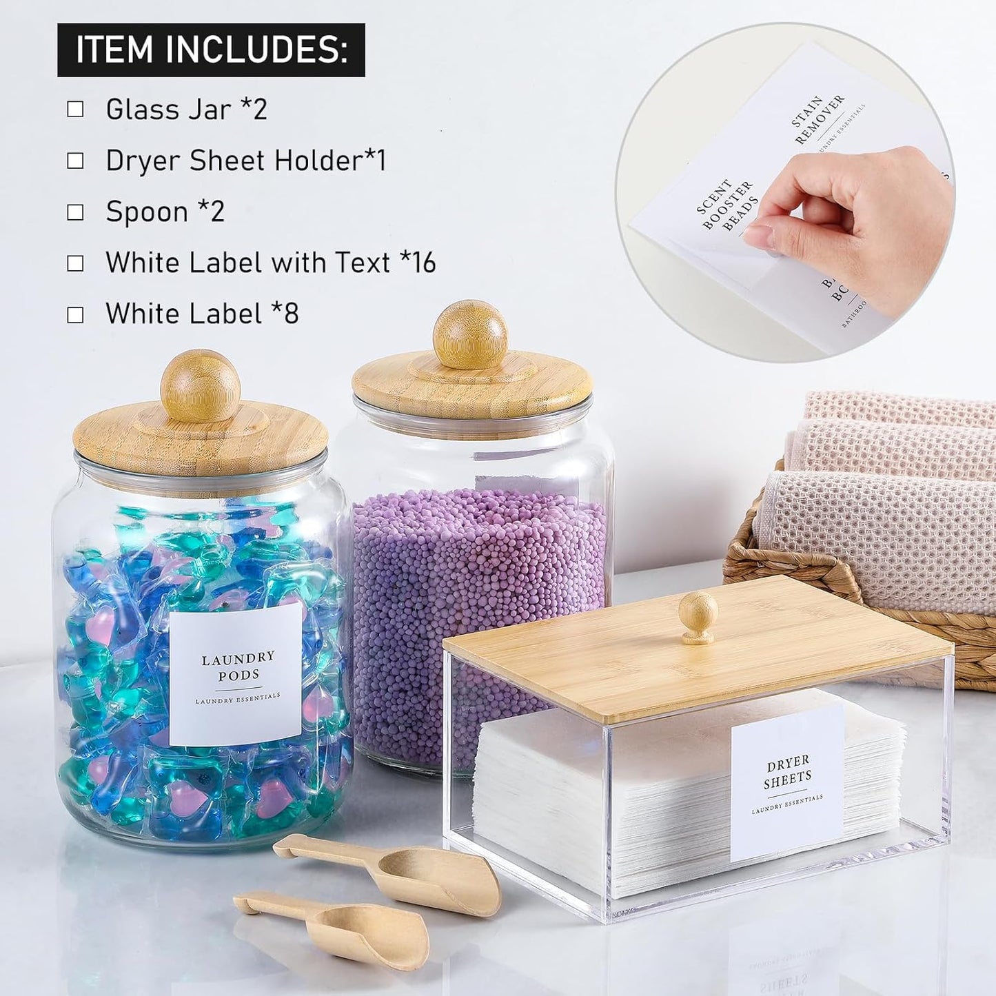 Glass Jars and Dryer Sheet Holder with Bamboo Lids Dispenser  