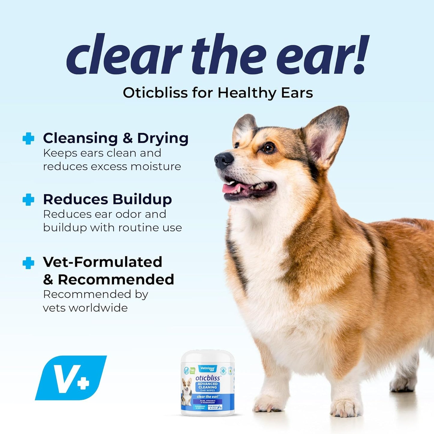 VETNIQUE Oticbliss Advanced Cleaning Ear Wipes for Dogs Cats for Odor Control