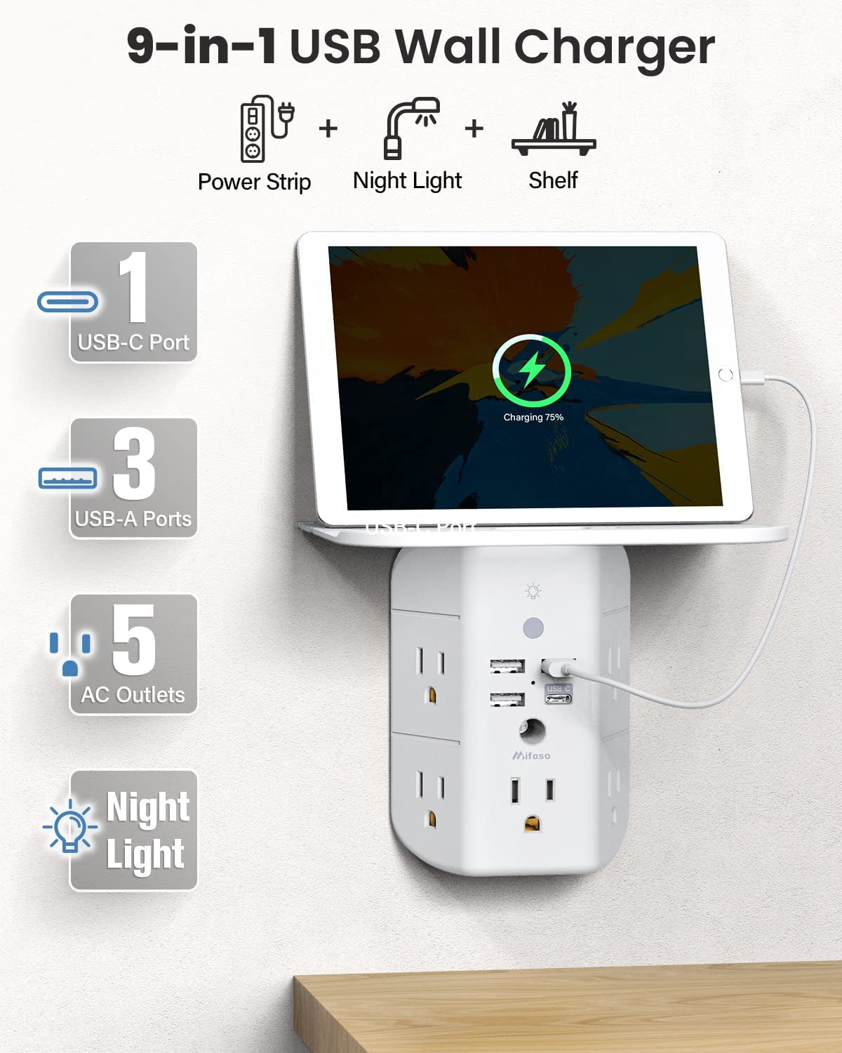 Wall Outlet Extender with Shelf and Night Light Surge Protector Usb Wall Charger