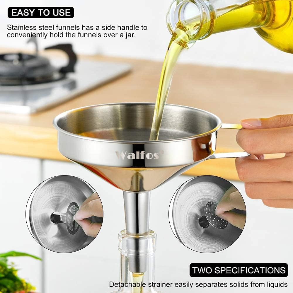 Stainless Steel Funnel,  3 Pack Kitchen Funnel with 2 Removable Strainer ＆ 1Pcs Cleaning Brush, Perfect for Transferring of Liquid, Oils, Jam, Dry Ingredients & Powder