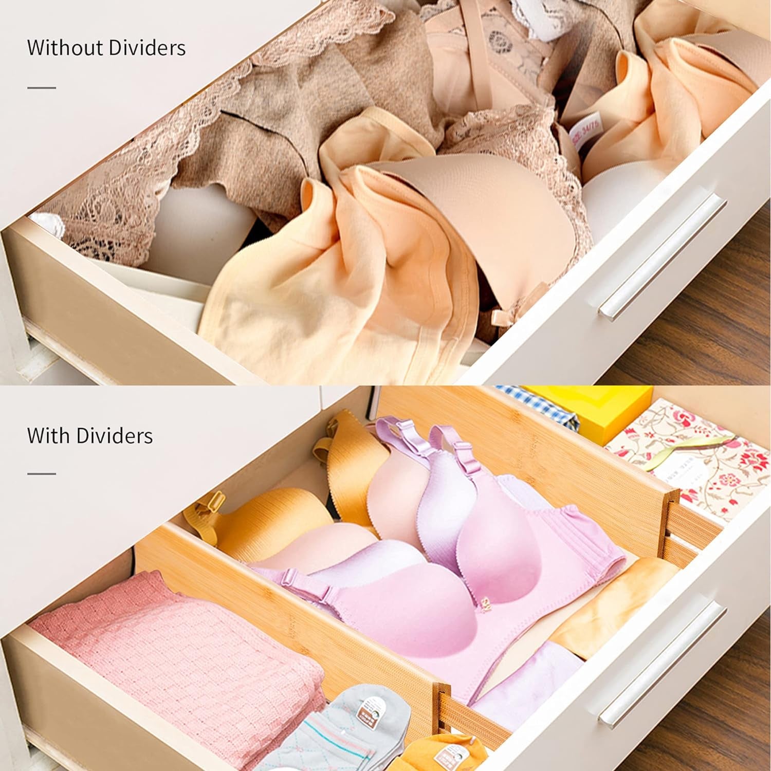 4 PCS Bamboo Kitchen Drawer Dividers Adjustable Drawer Organizers for Socks