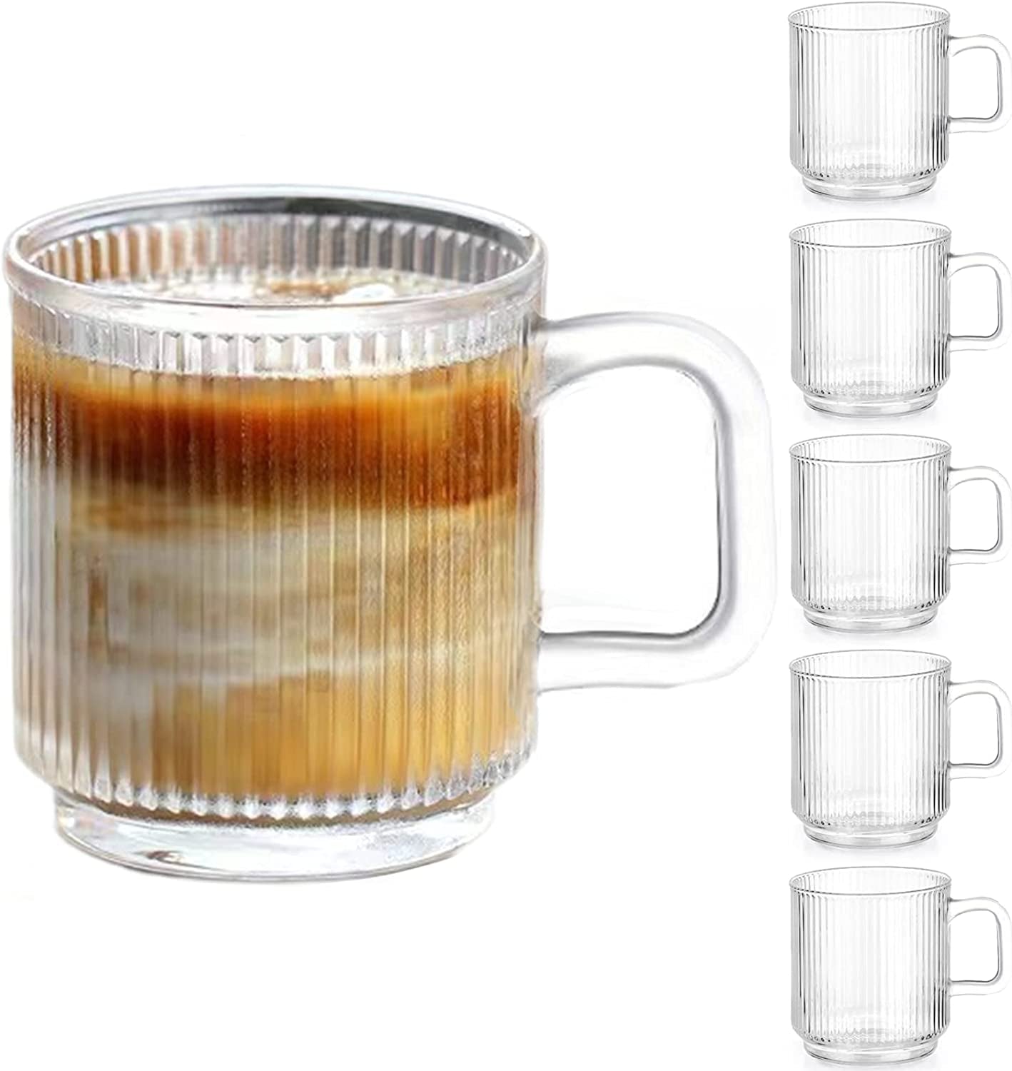 6 PACK Premium Glass Coffee Mugs with Handle 12 OZ Classic Vertical StripesGlass