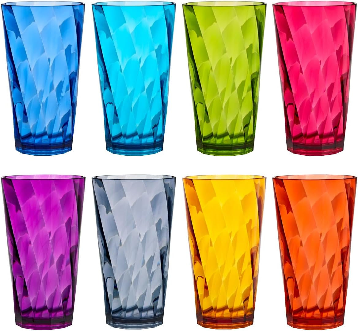 Optix Plastic Reusable Drinking Glasses Set of 8 20Oz Water Cups in Jewel Tone Colors