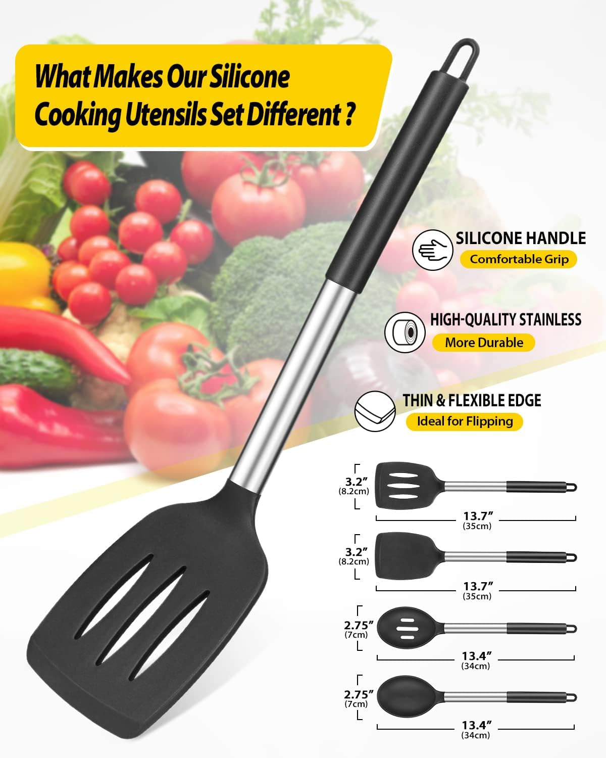 Pack of 4 Silicone Cooking Utensils Set Non Stick Large Solid Spatulas