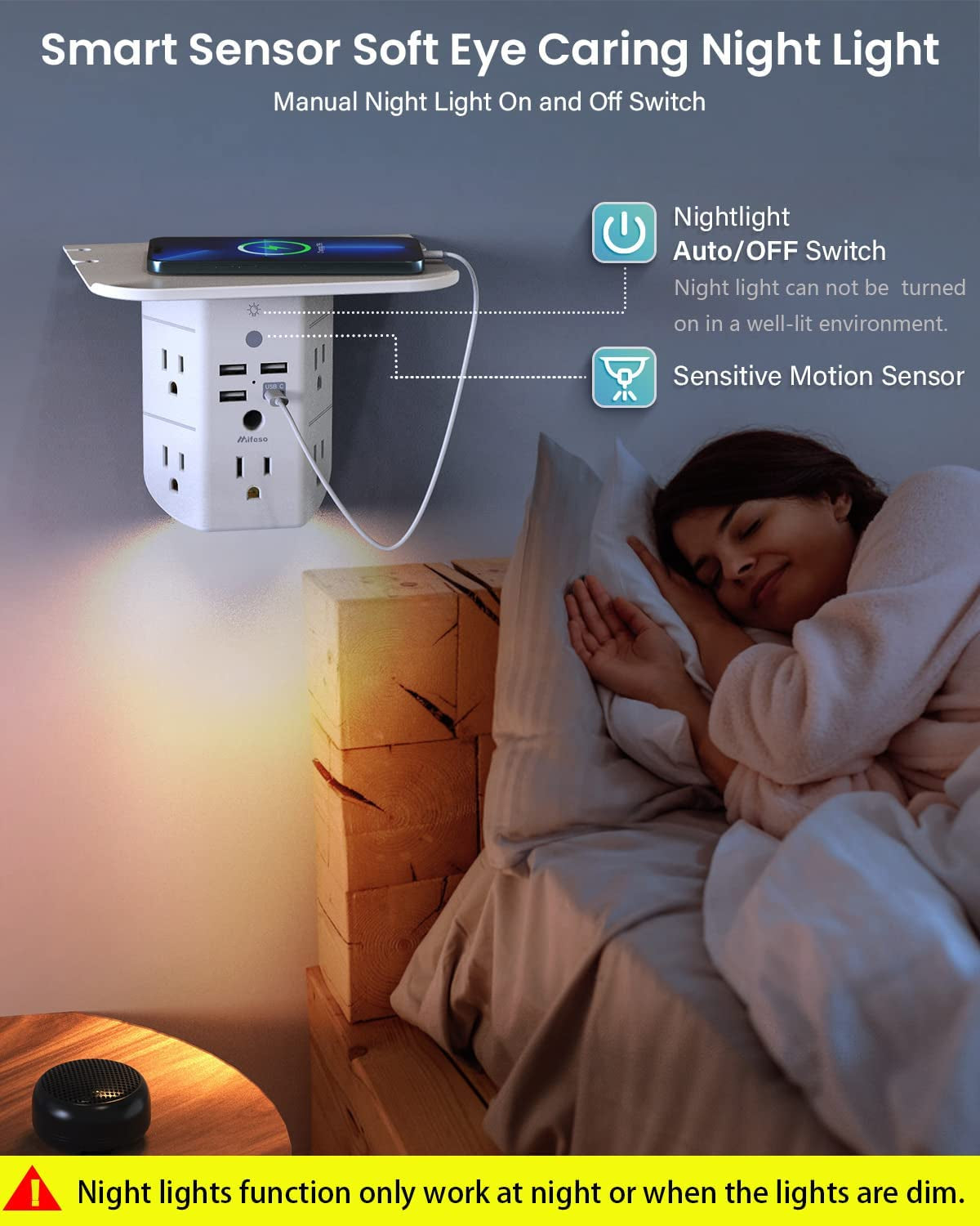 Wall Outlet Extender with Shelf and Night Light Surge Protector Usb Wall Charger