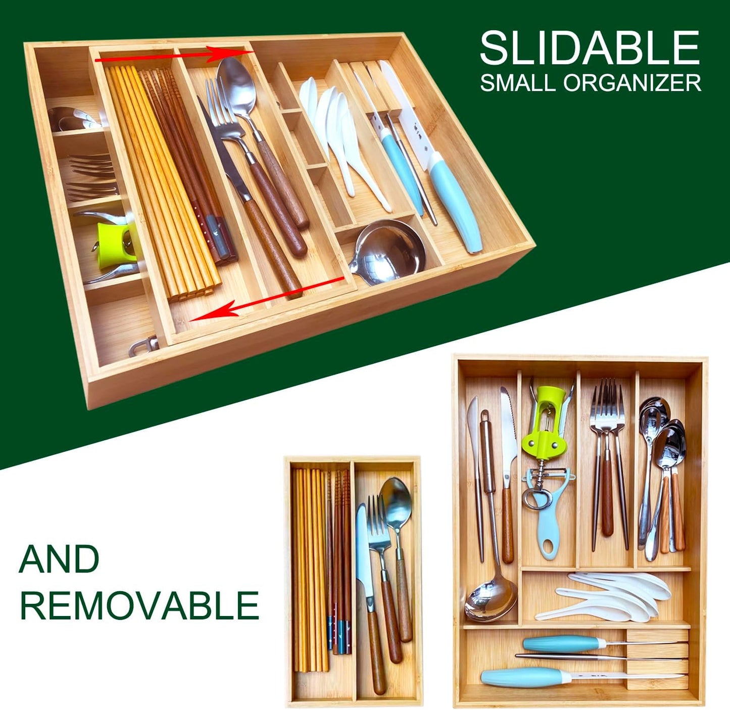 Double Layer Bamboo Kitchen Drawer Organizer Utensil Silverware Organizer