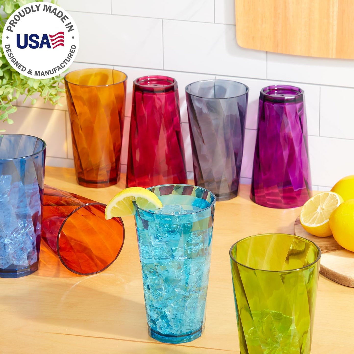 Optix Plastic Reusable Drinking Glasses Set of 8 20Oz Water Cups in Jewel Tone Colors