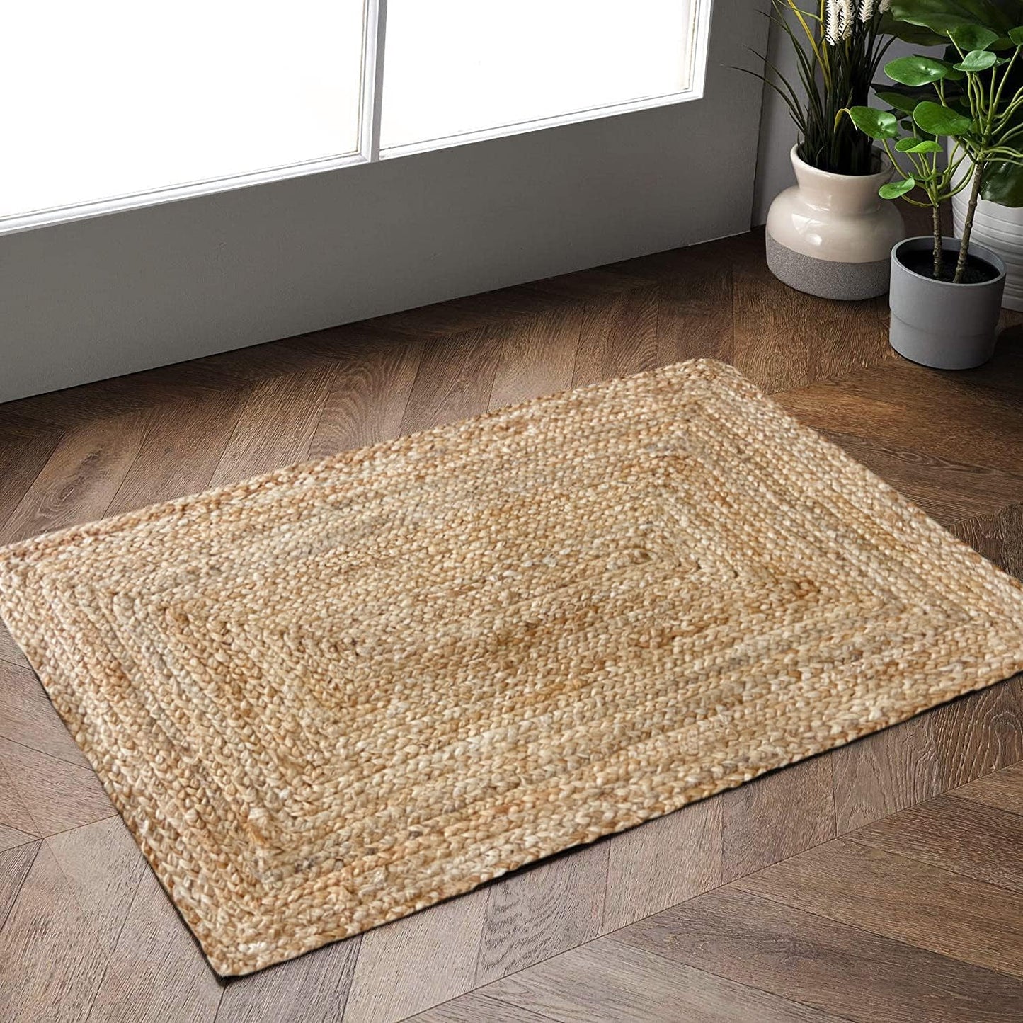 Hand Woven Jute Braided Rug 2'X3 Natural Reversible Boho Entry Area Rugs